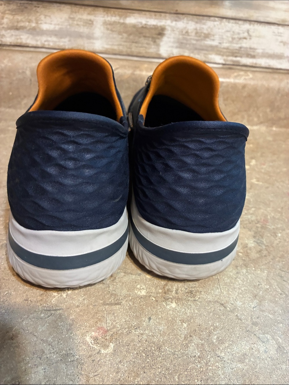 Skechers Men's Size 12 Navy Knit Slip-On Sneakers with Orange Liner - Picture 4 of 11